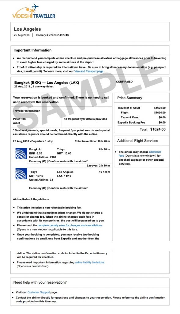 flight itinerary for the visa application